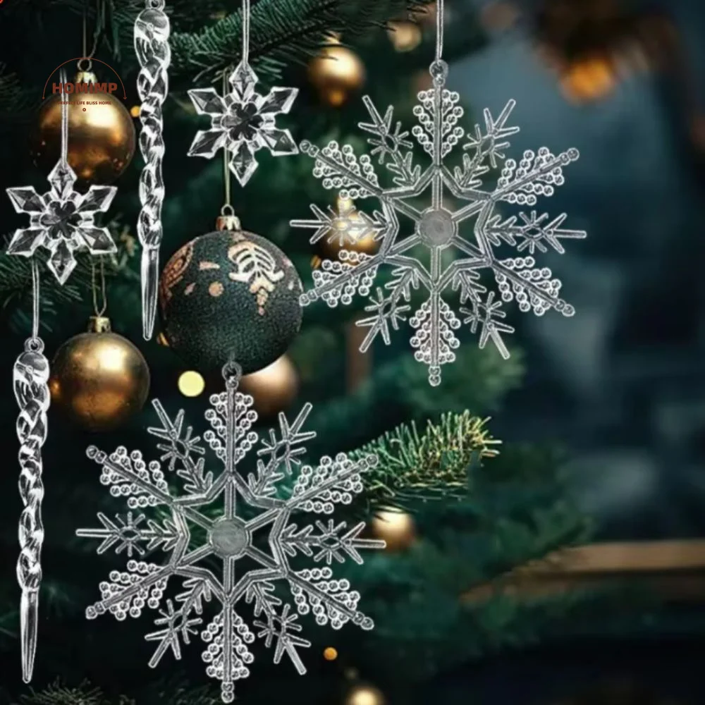 24pcs Acrylic Crystal Snowflake Icicle Pendants Clear DIY Christmas Tree Hanging Ornament Christmas Tree Decoration Navidad