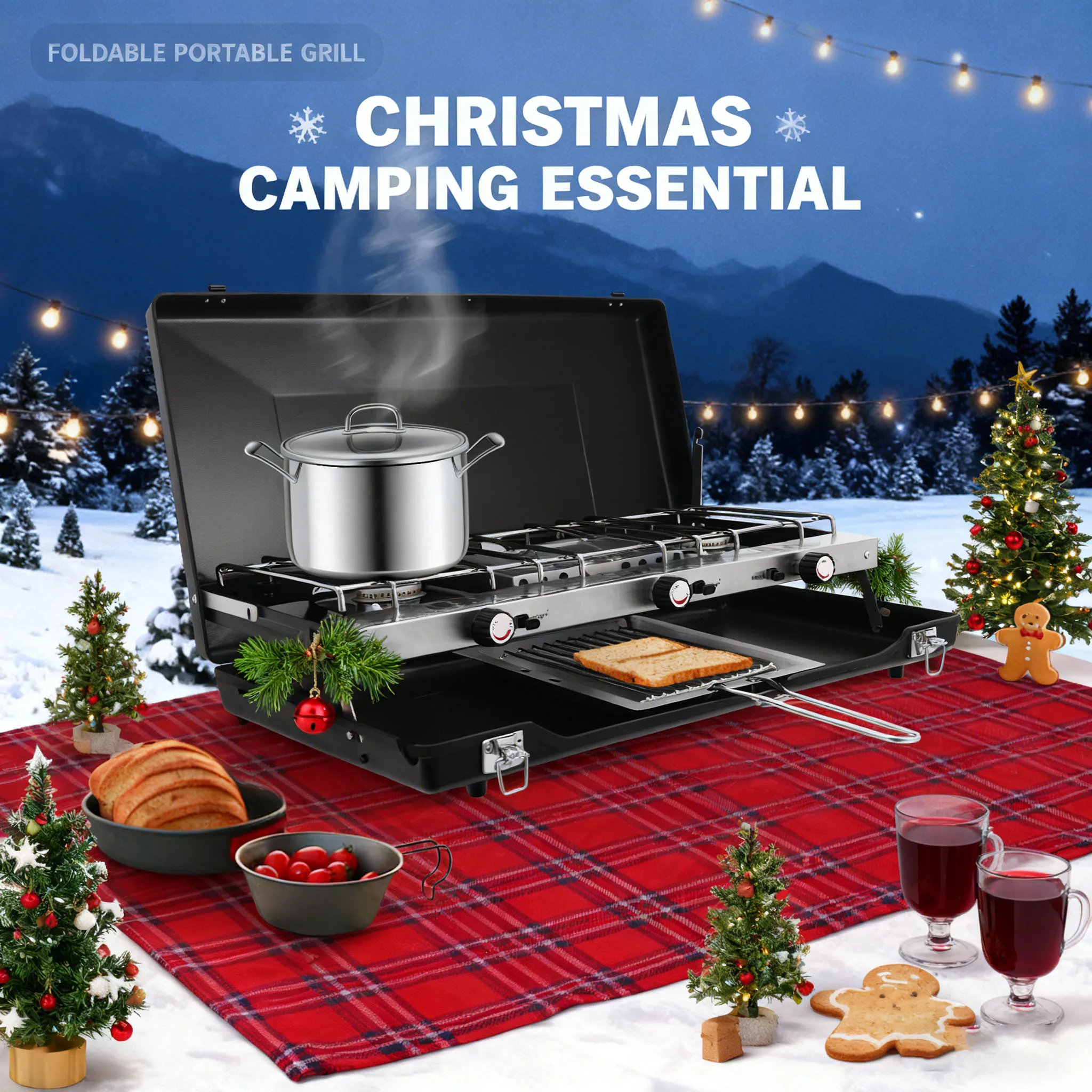 

Portable Camping Stove W/ Griddle 3 Burner Propane Gas Stove Adjustable Windshield Folding For Christmas, Barbecues, Parties