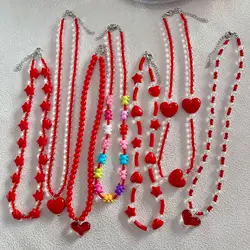 Salircon Korean Cute Red heart Pendant Collar Necklace Gothic Y2K Heart Shaped Imitation Pearl Chain Choker Trend Jewelry