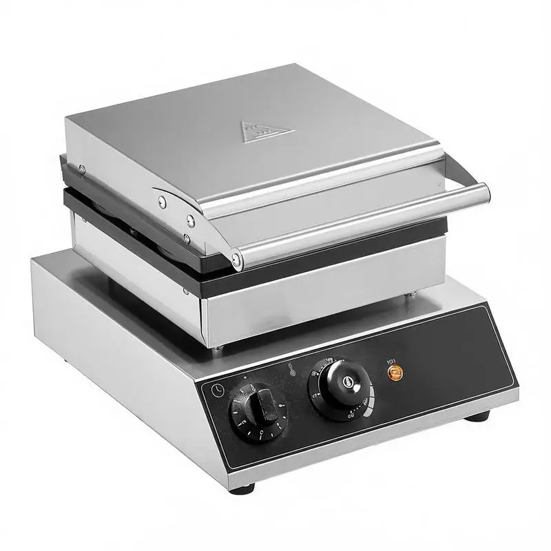 Máquina para hacer gofres redondos de 12x14x10 pulgadas para restaurante, panadería, snack bar, 1750W, revestimiento antiadherente, hierro belga, control de temperatura y tiempo, equipo de cocina profesional de alta resistencia, capacidad para 4 gofres, 110V, placa de aluminio, operación manual