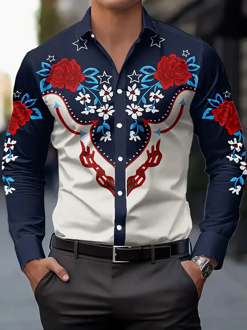 Retro Western Men's Shirt 3D Flower Printed Black Street Button Long Sleeve Fashion Casual Designer Shirt