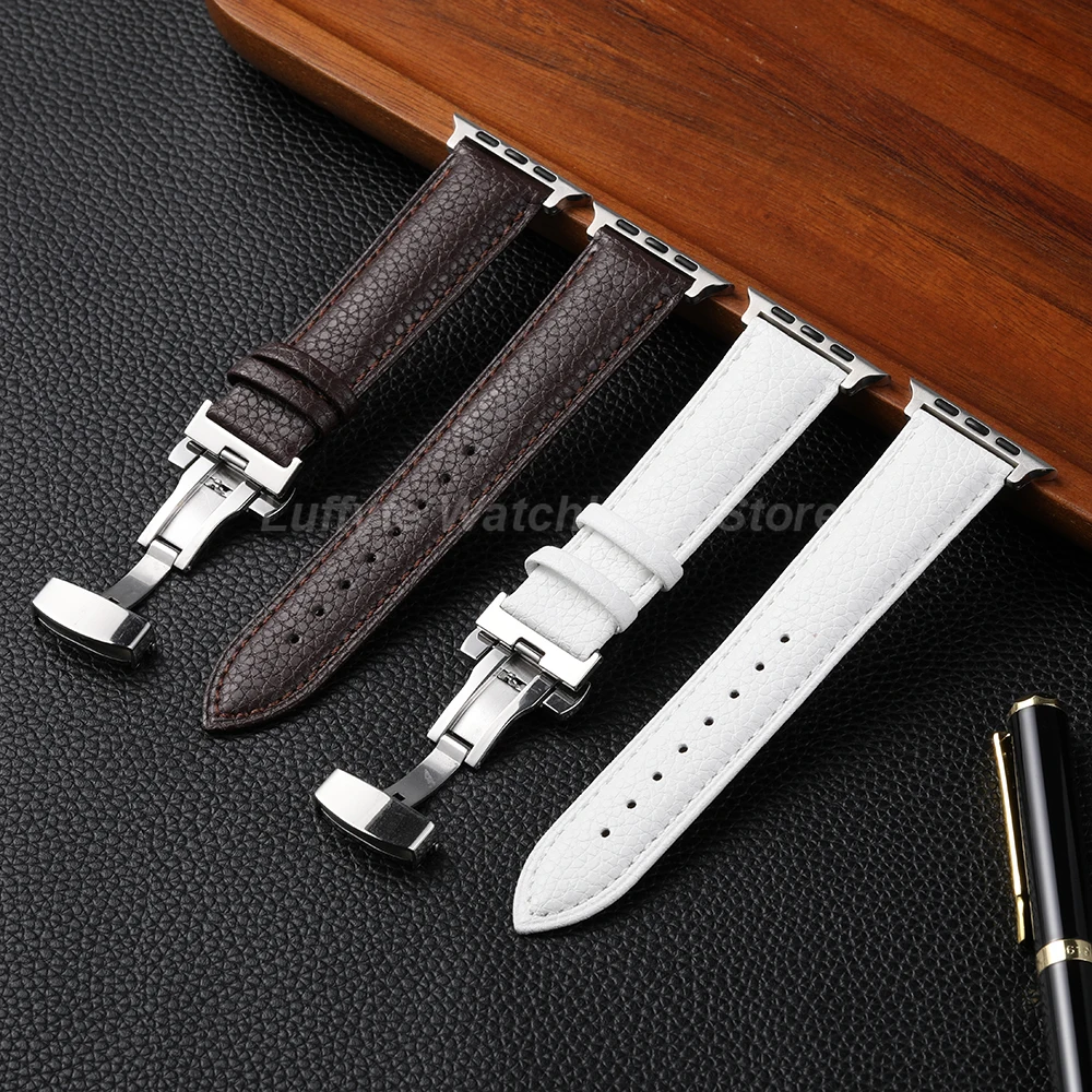 Lychee Pattern Leather Wrist Band For Apple Watch 1-11 Ultra SE Women Watch Strap with Butterfly Buckle For iWatch 38-49mm