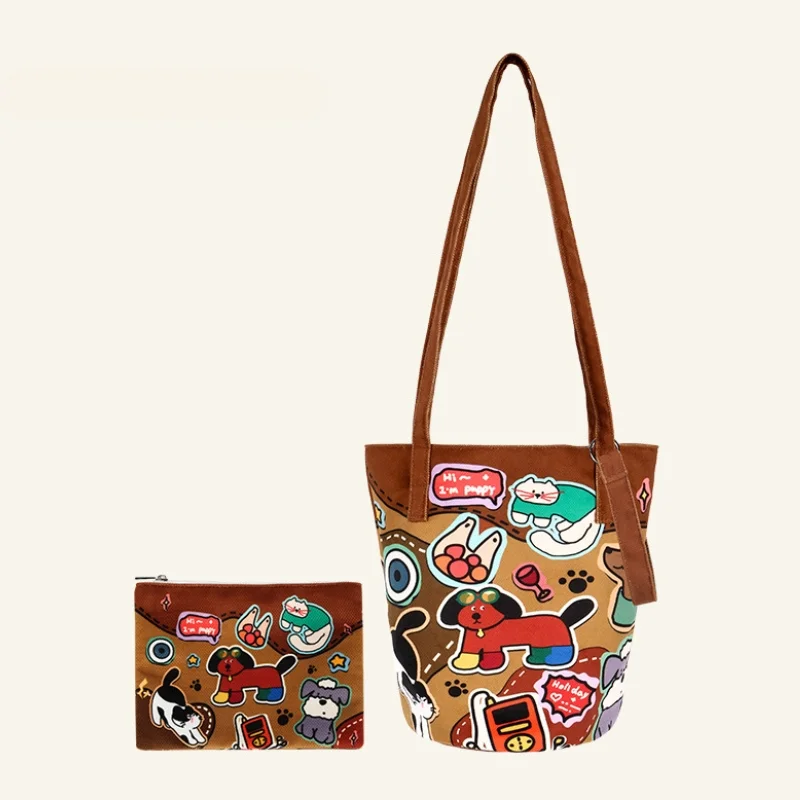 

Leather Puppy Print New Casual Fashion Commuter Crossbody Extended Bucket Crossbody Bag