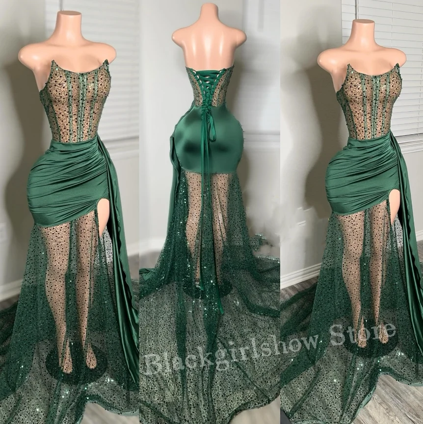 Sparkling Emerald Long Prom Dress 2024 For Women Luxury Sexy Diamante Beaded Sheer With Side Train Birthday Party Dresses