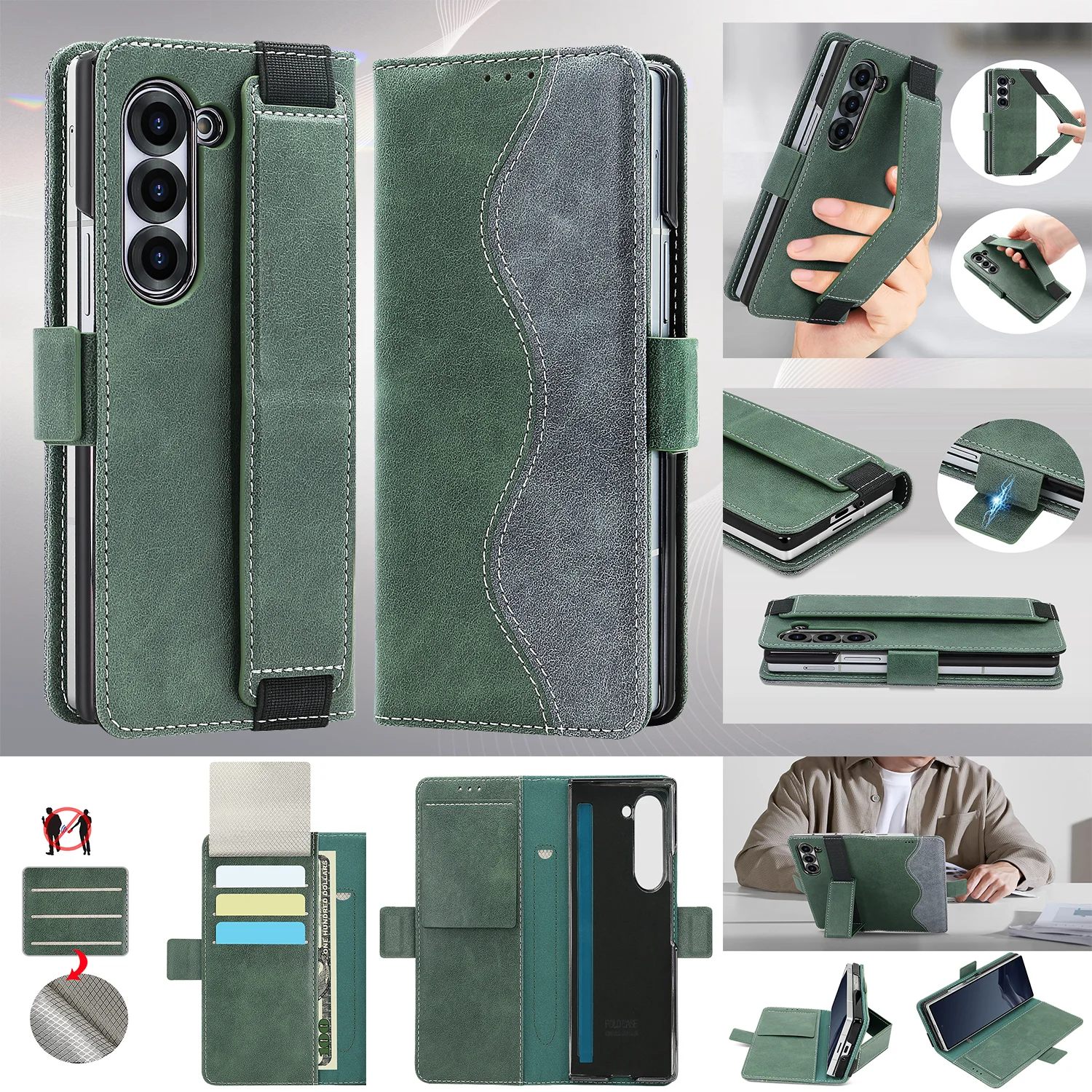 

Luxury Business RFID Leather Wallet Case for Samsung Galaxy Z Fold 7 Fold6 Fold5 Electroplated Shell Wristband Stand Flip Cover