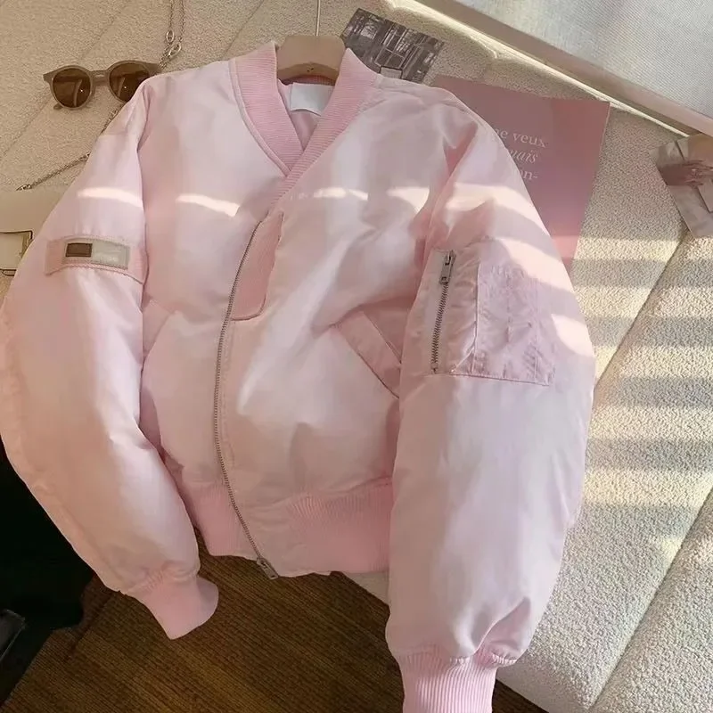 

Pink Thicken Warm Baseball Uniform Jacket Women Autumn Winter Loose Cotton Padded Bomber Coat Korean Sweet Short Parkas Outwear