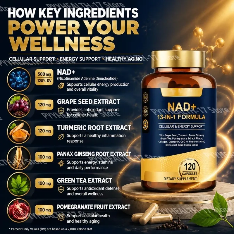 NAD+ Capsules 13-in-1 Formula for Cellular & Energy Support with CoQ10 and Hyaluronic Acid Grape Seed Turmeric Root 120 Capsules