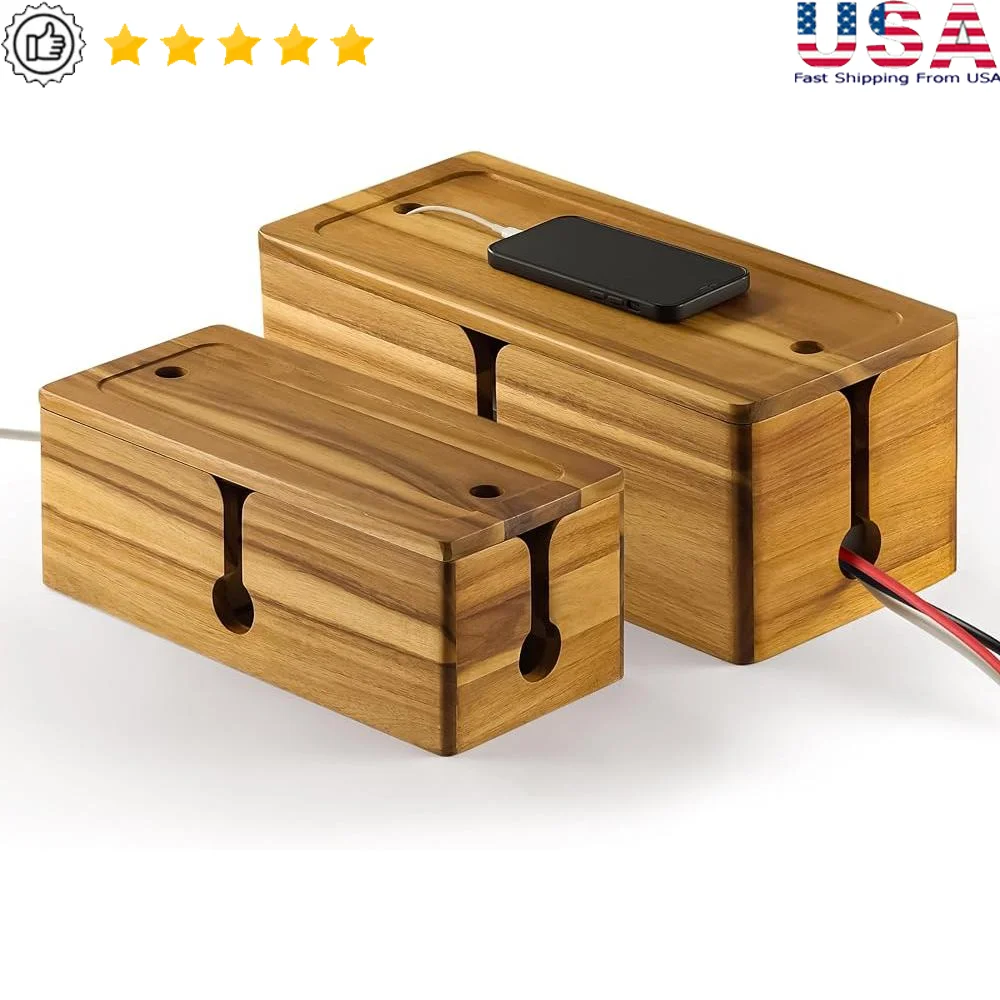 

Cable Management Box Set of 2 Wooden Cord Organizer Power Strip Hider with Magnetic Lid and Ventilated Base Home Office Use