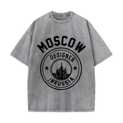 Woman Cotton Washed T-Shirts Fashion Design Moscow Designer In Russia Printed Tops Loose Distressed O-Neck Street Female Clothes
