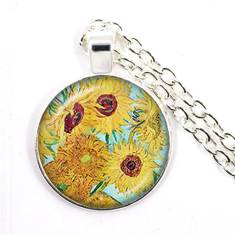 Fashion Van Gogh Art Starry Night Sunflower Necklace 25mm Glass Cabochon Dome Pendant Jewelry For Women Girls Gift