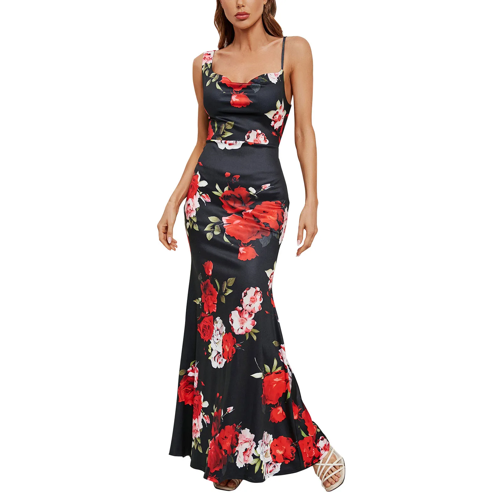 Women'S Summer New Dress Fashion Sexy Exposed Back Slim Fit Hip Liftting Dress Temperament Printed Solid Color Suspender Dresses