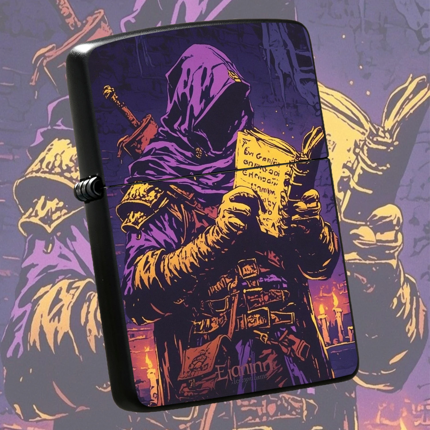 Vintage Style Lighter with Purple Hooded Reading Ancient Tome Print, Creative Retro Adventurer Pattern Windproof PORTABLE Lighter, Unique Exquisite Collectible Gift for Fantasy Game Lovers, Boyfriends and EDC Enthusiasts for Daily Use A F