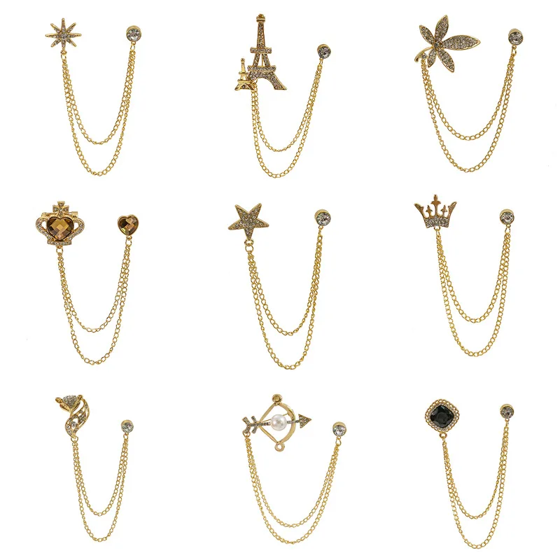 

New fashionable European and American bow and arrow crown maple leaf brooch star crystal tassel chain lapel pin suit shirt fashi