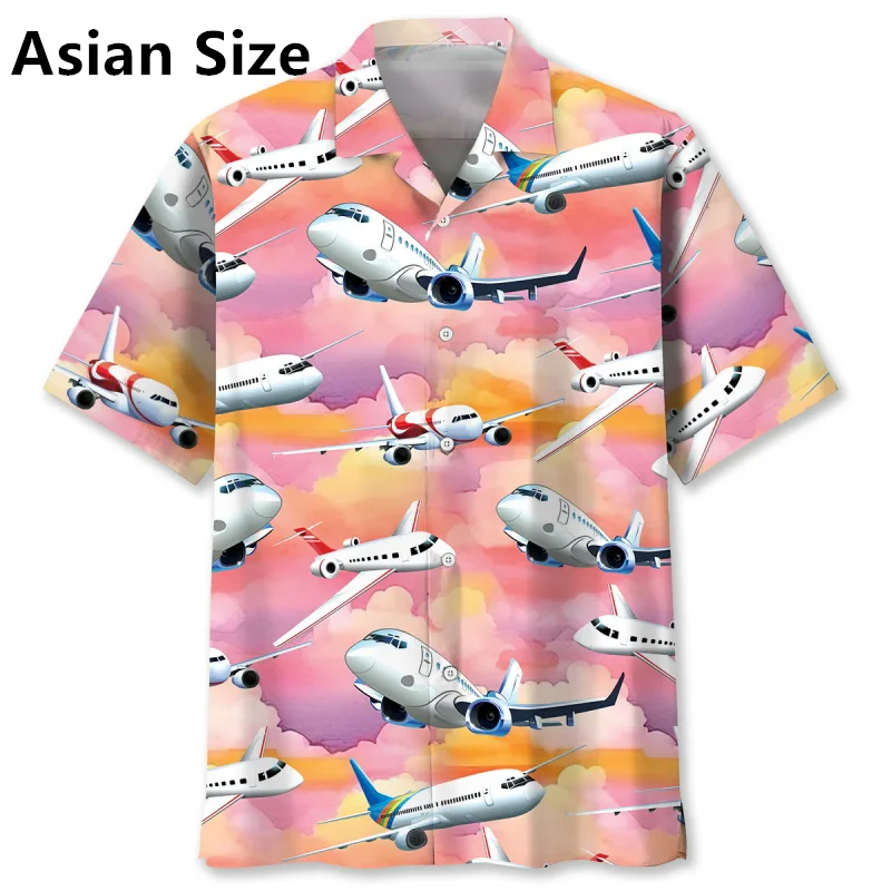 Full Print Airplane Pattern Hawaiian Shirt For Men Summer Short Sleeve Button Up Vacation Shirts Tops Men's Casual Beach Shirt