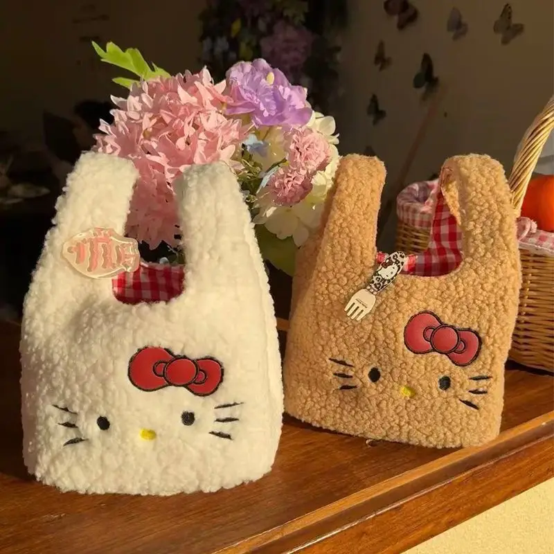 

Sanrio Cute Hello Kitty Cat Сумка на запястье из овечьей шерсти Плед Сумка для переноски с героями мультфильмов Маленькая легкая милая уличная ручная сумка