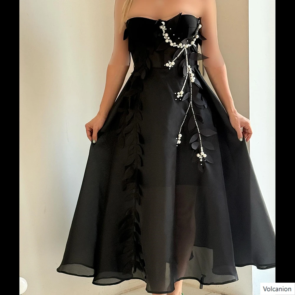 

Customized A-line Evening Dresses Tea-length Strapless Sleeveless Prom Gown Fashion Beading Flowers Simple Draped Party Gown