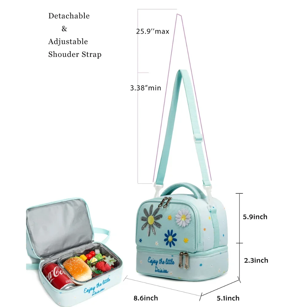 Gsequins Kids Lunch Bag Insulated Bento Cooler Bag Two Compartments Cooler for Boys and Girls with Adjustable Strap Travel Lunch