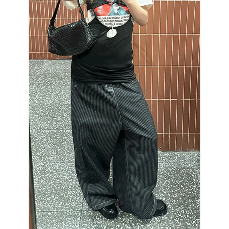 Y2K Vintage Striped Wide Leg Baggy Jeans Pants for Women Summer Clothes Straight Washed Black Casual Lady Trousers 2025