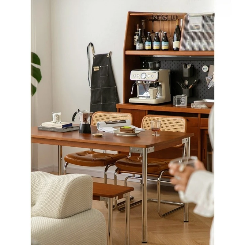 Rock slab dining table, retro small apartment household medieval Internet celebrity solid wood stainless steel rectangular
