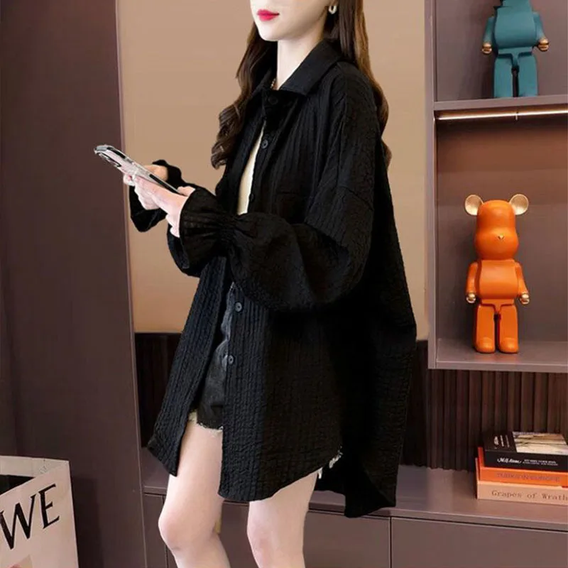 قميص نسائي كوري فضفاض، ملابس للحماية من الشمس، بلوزة صوفية طويلة، ملابس خارجية رفيعة للحماية من الأشعة فوق البنفسجية، مقاس كبير، صيفي