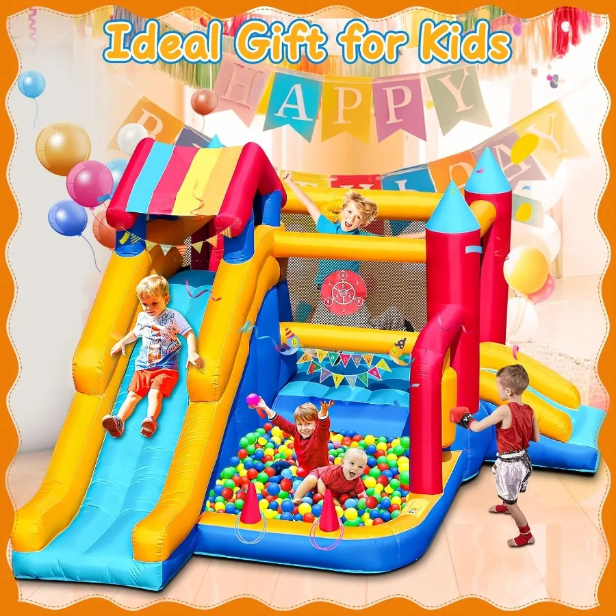 บ้านลมสำหรับเด็กอายุ 3-10 ปี, 9 in 1 บ้านลมขนาดใหญ่สำหรับเด็กเล็ก เล่นกลางแจ้งในสนามหลังบ้าน บ้านลมกระโดด 11.38x10.2 ฟุต