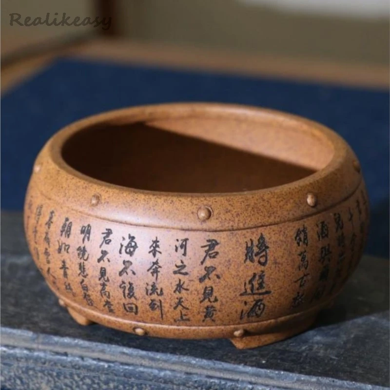 2025 Chinese Round Purple Clay Flower Pot Hand carved painting Bonsai Pot Succulent Flower Pot Desktop Flower Pot Home Decor