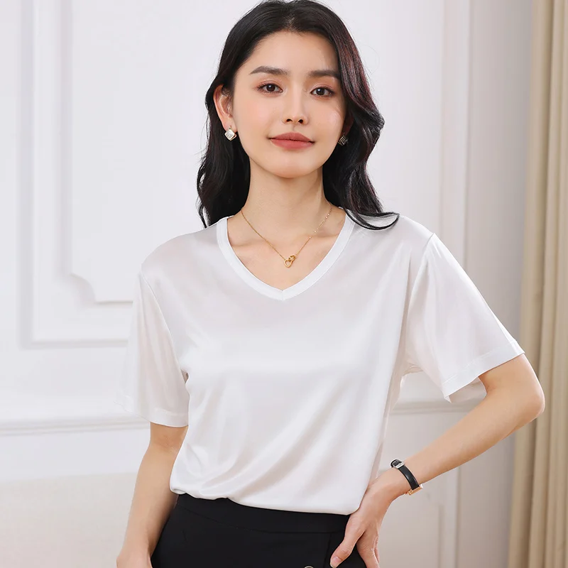 Summer New Product: Women'S V-Neck Short-Sleeve Triacetate T-Shirt Loose Fit Solid Color Casual Versatile Breathable Top