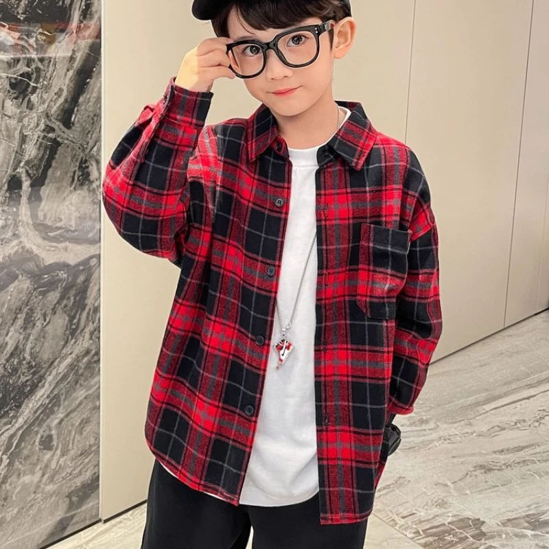 2026 New Boys Plaid Shirt Spring Autumn Kids Casual Button Down Collared Tops Korean Style Children Long Sleeve Clothing