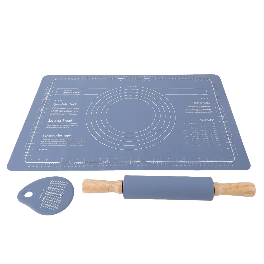 3pcs Food Grade Silicone Pastry Mat Rolling Pin Set Non Slip Measurement Marking Dough Kneading Mat Thickened Heat Resistant