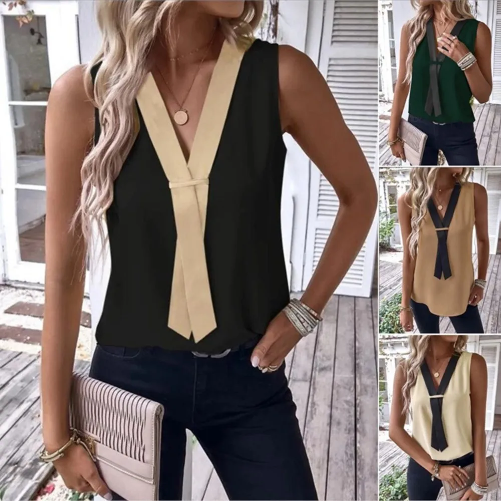 

Fashion Sleeveless V-neck Tank Top Women Solid Casual Blouse Shirt 2025 Summer Elegant Office Womens Tops And Blouses Blusen