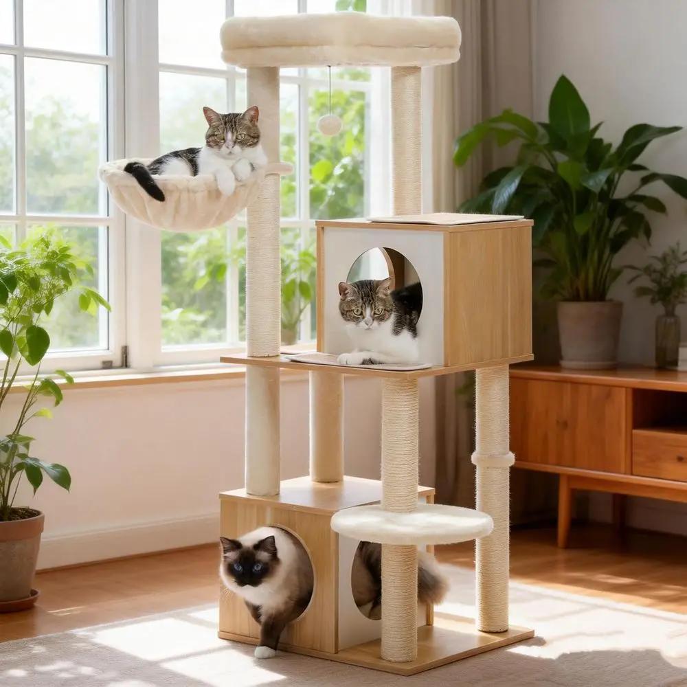 PAWZ Road Large Cat Tree, 51 Inches Wooden Cat Tower with Double Condos, Spacious Perch,Sot Hammock and Totally Wrapped Sisal Po