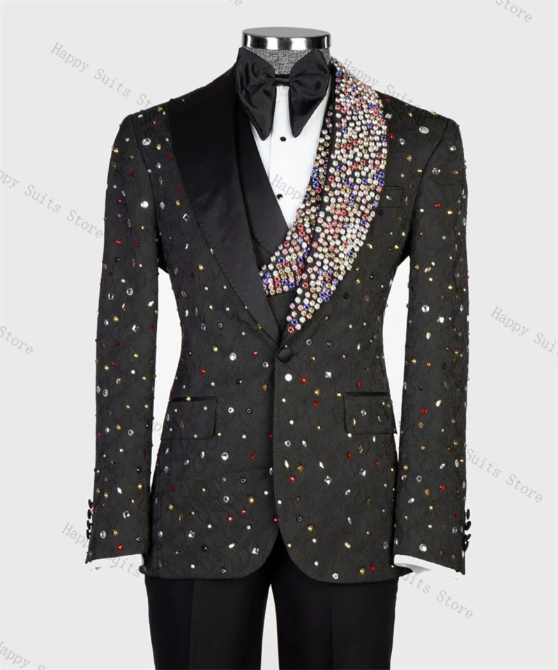 

Crystals Black Men Suit Set 3 Pieces Vest+Blazer+Pants Trousers Formal Office Business Groom Wedding Tuxedo Customized Jacket