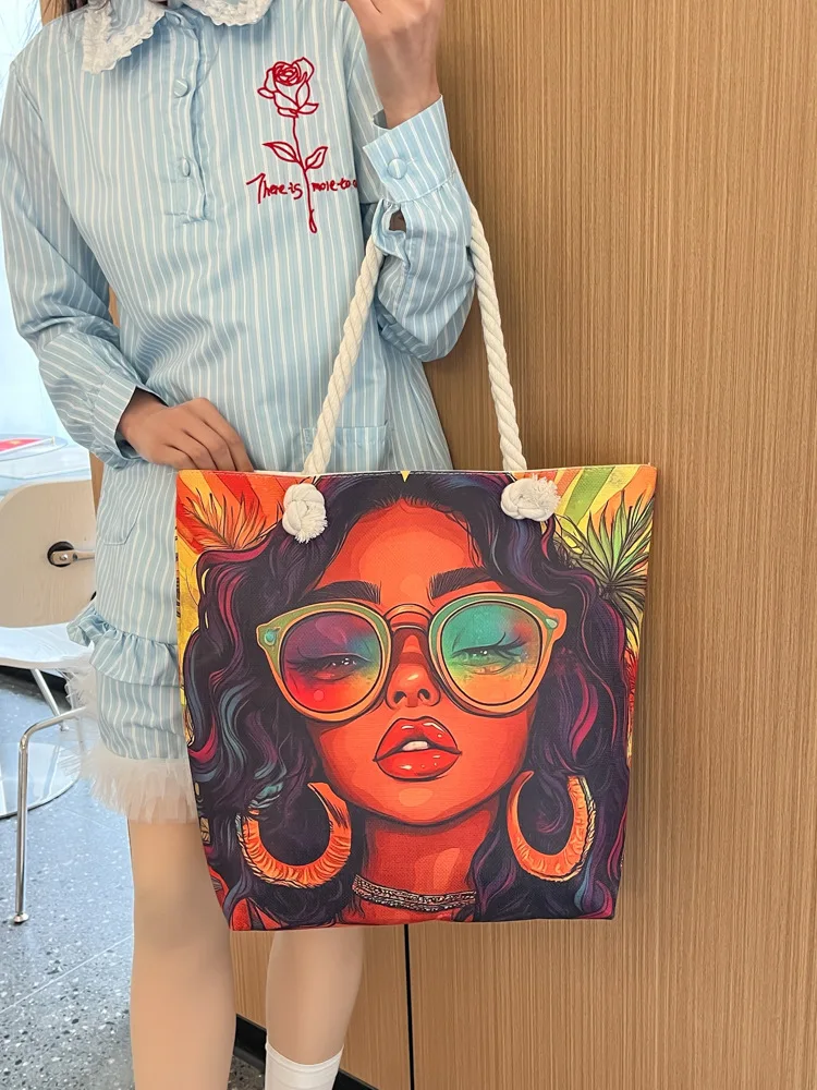 Women'S Printed Hand-Held Tote Bag, Lightweight And Thick Rope Shoulder Bag, Fashionable And Artistic Versatile Beach Bag