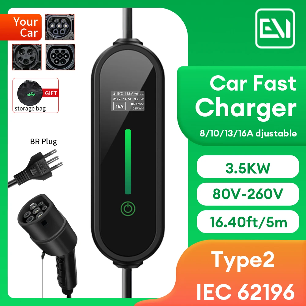 

JNTIMUYA EV Fast Charging Portable Charger Type 2 EVSE BR Plug 4 Type Adjustable Currents Car Electrical Devices 3.5KW 16A 5M
