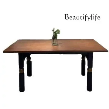 

Retro solid wood dining table medieval wabi style black home living room dining table semi-round small apartment long table