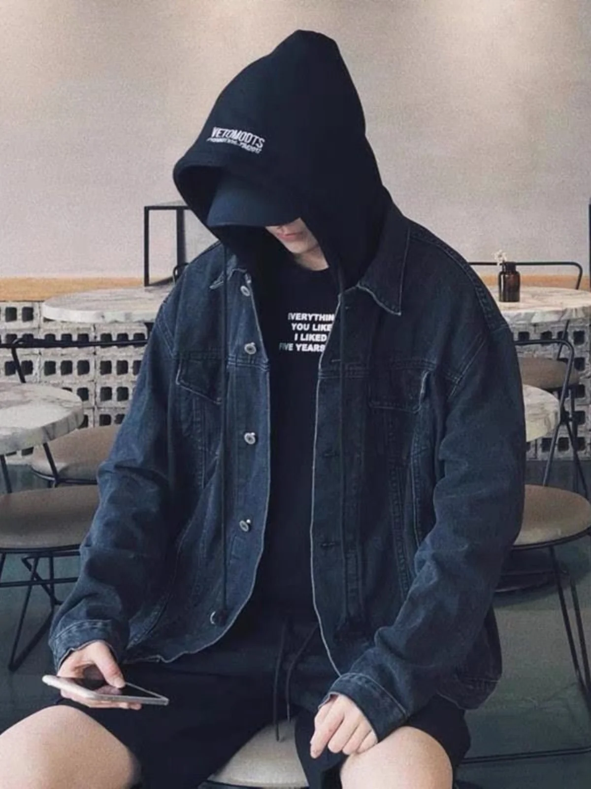 

Men's Hooded Denim Jaet Spring Autumn Student Versatile Loose Trendy Haome Hong Kong Sle INS Jaet Top Polyester Fiber