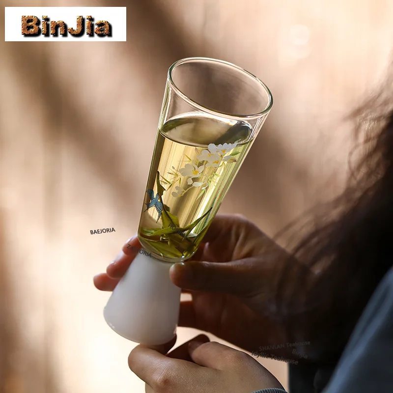 BAEJORIA 220ml Glass White High Foot Swallow Teacup Aesthetic Tea Bowl Set Of Cups Tea-tasting Personal Cup Chazhan Master Cups
