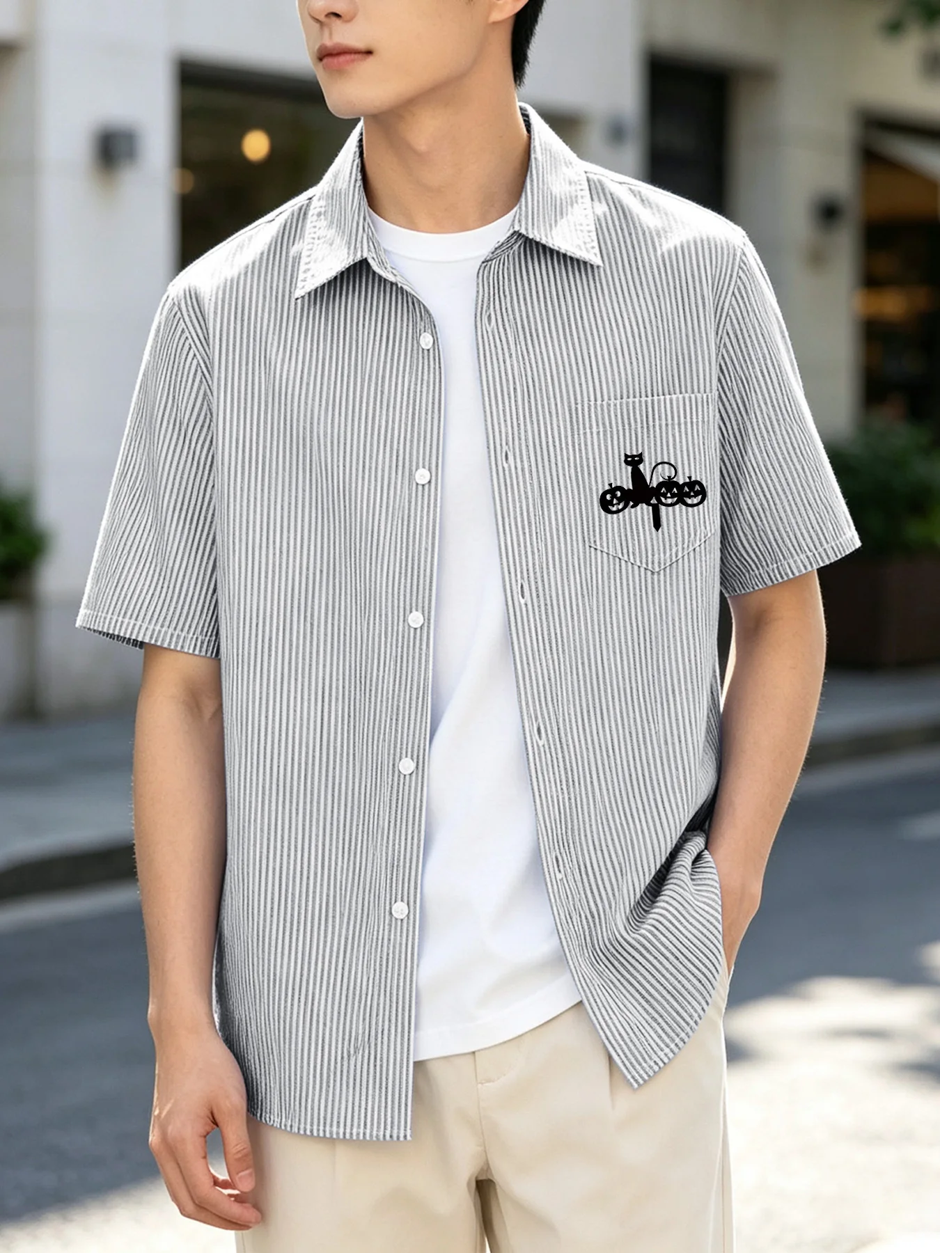 1. Men's Striped Short Sleeve Shirt Halloween Black Cat Pumpkin Print Casual Button Down Top