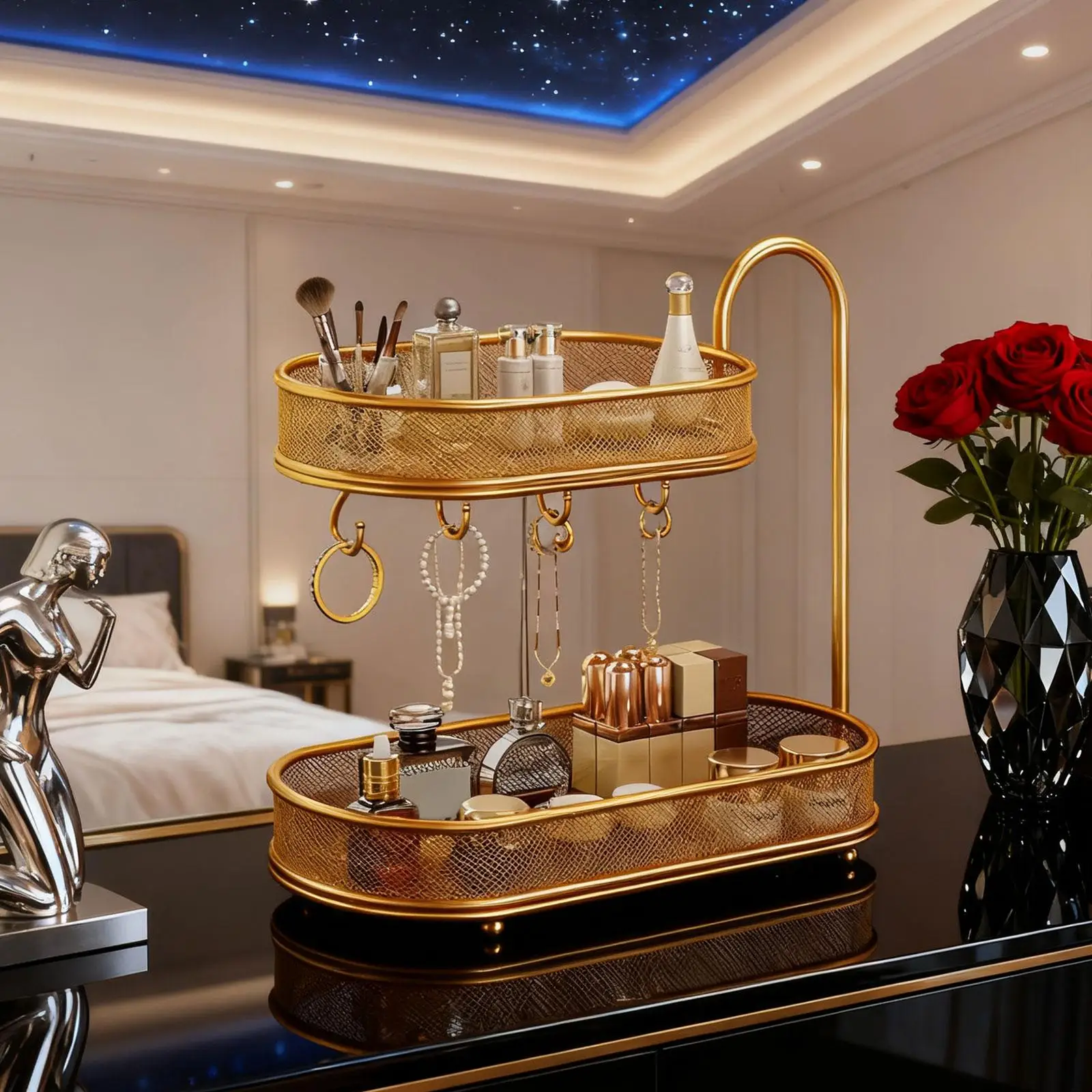 

Bathroom Countertop Organizer, Cosmetic Holder Standing Shelf, 2 Layer Freestanding Storage Organizer Metal Rack for Bathroom