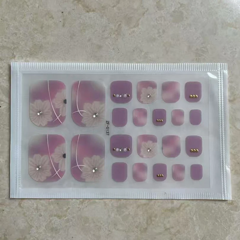 22Tips Pink Flowers Toenail Polish Sticker Summer love Baking Free Toe Nail Strips Full Cover DIY Foot Decoration Stickers