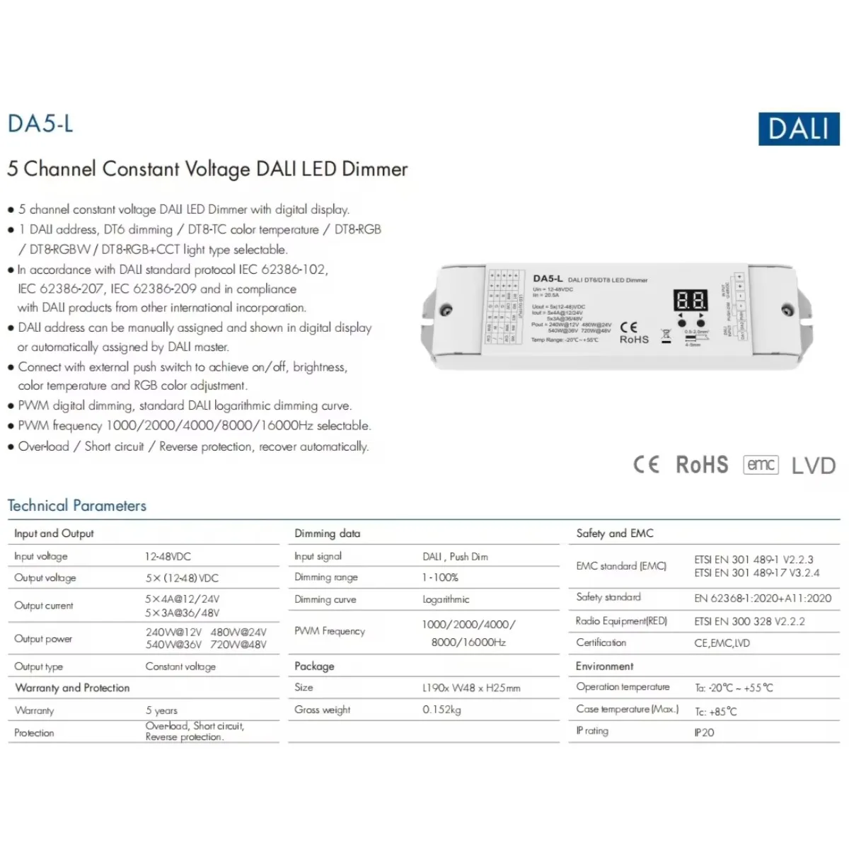 Imagem -03 - Dali-led Dimmer para Fita de Fita de Fita Canais Controlador Tensão Constante Da5-l Dt6 Dt8 Rgb Rgbcct Canais 4a 24v cv