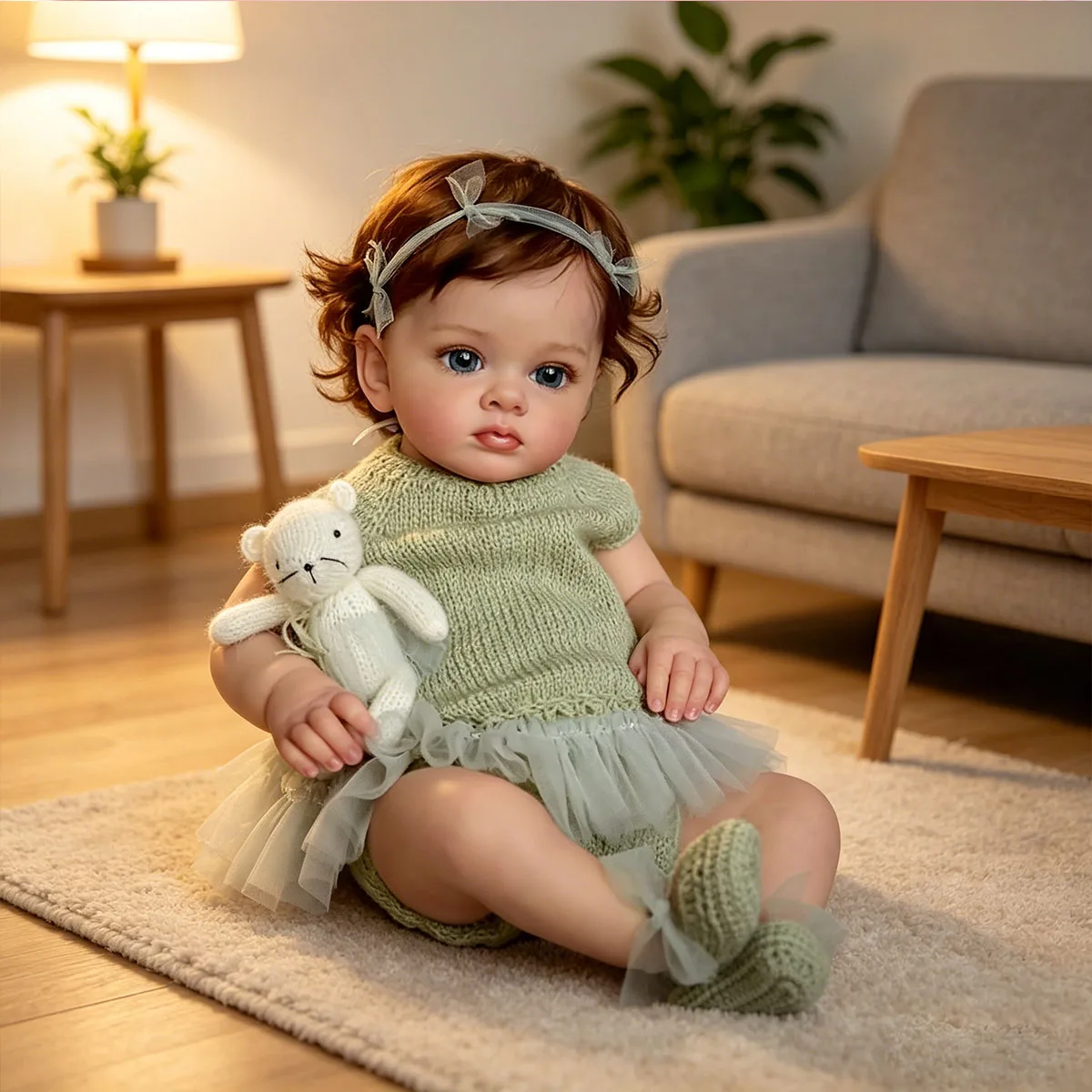 

Reborn Baby Dolls 22 Inch Girl, Realistic Newborn Baby Doll with Green Knit Dress and Gray Tutu, Lifelike Soft Body Reborn Toddler Doll with Teddy Bear, Perfect Gift for Kids, Collection & Role Play