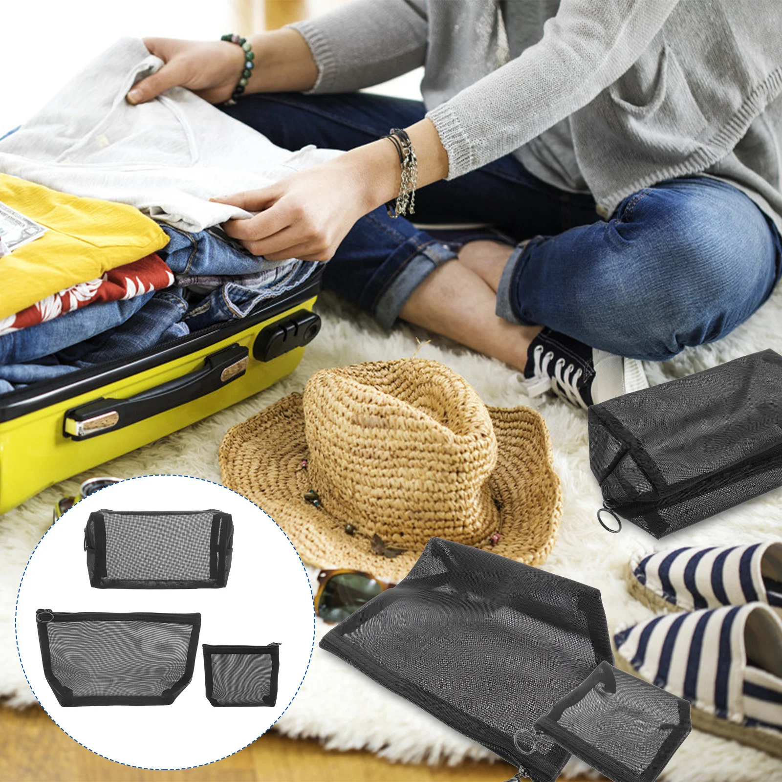 3 قطع من أكياس تخزين السفر الشبكية باللون الأسود المحمولة بسحاب منظم وحقيبة متعددة الأغراض لفرشاة المكياج وحامل كابل