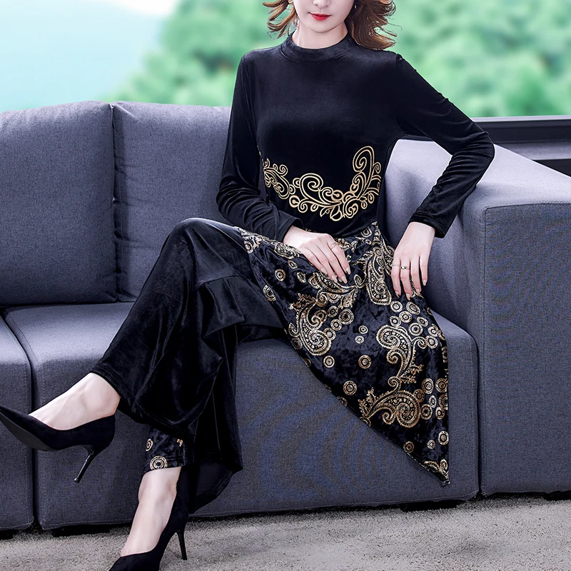 2023 New Silk Velvet Long Sleeve Top and Pants Two Piece Set for Women\'s Loose Large Print Retro Slim Wide Leg Pants Set