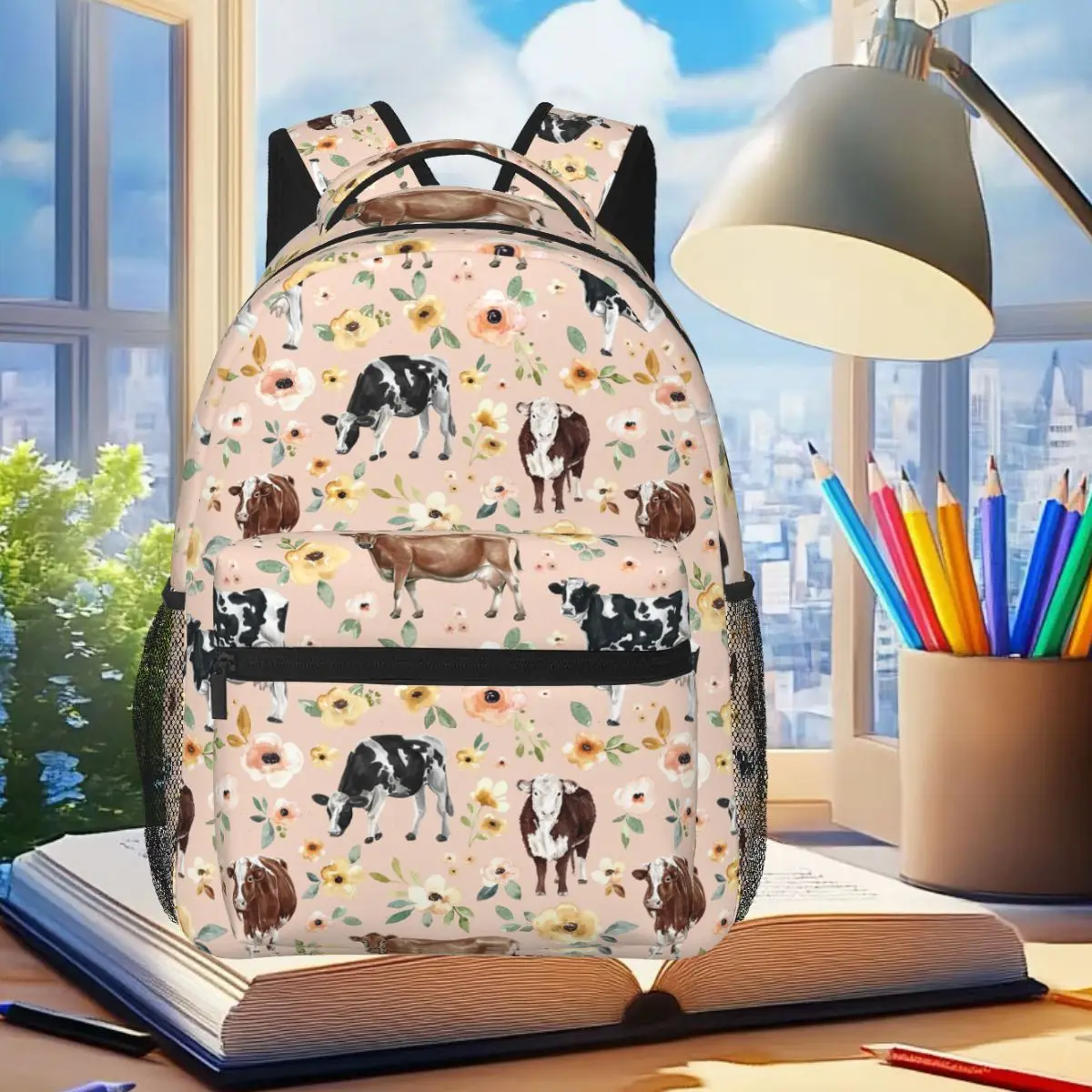 

Cow Floral On Blush Pink, Yellow Flowers Backpack Student Boys Girls BookBag Kids School Bag Laptop Shoulder Bags for Men Women