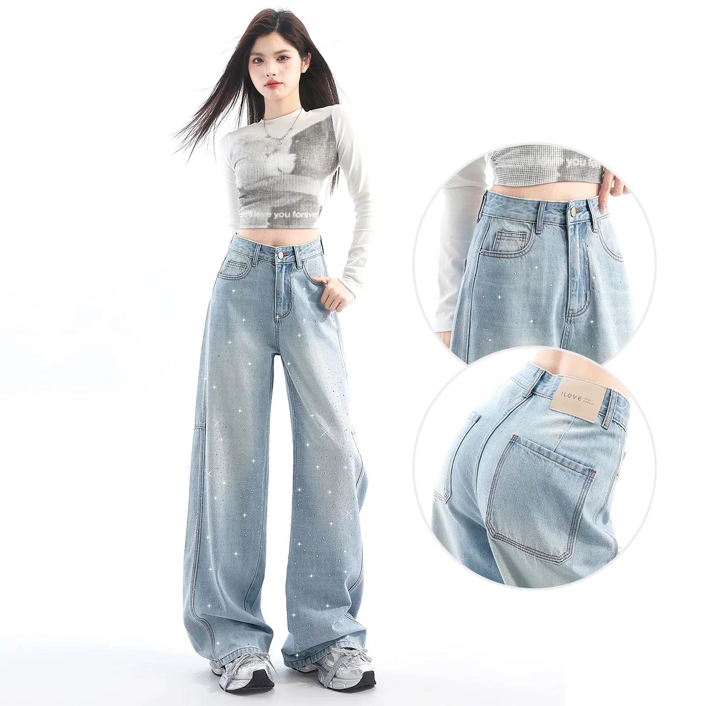 Women's High Waist Wide Leg Straight Casual Trendy Basic Simple Daily Diamond Studded Jeans Pants Female Denim Trousers Clothes