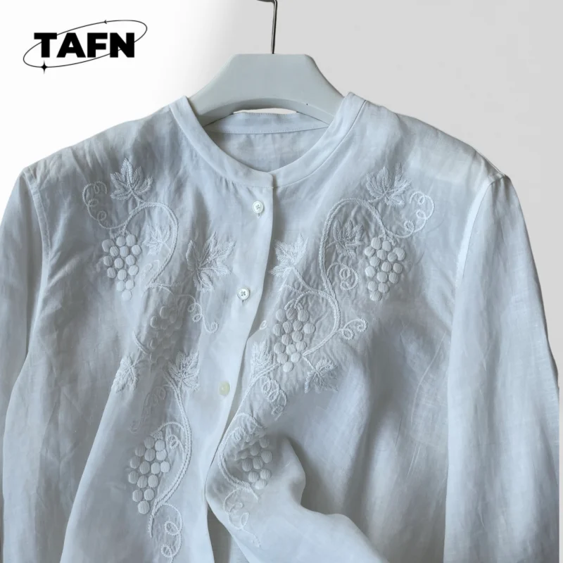 جديد النمط الصيني العنب الكرمة قميص كتان المرأة تونك بلوزة خفيفة الوزن طويلة الأكمام قميص عمال تونك BlouseAH0180