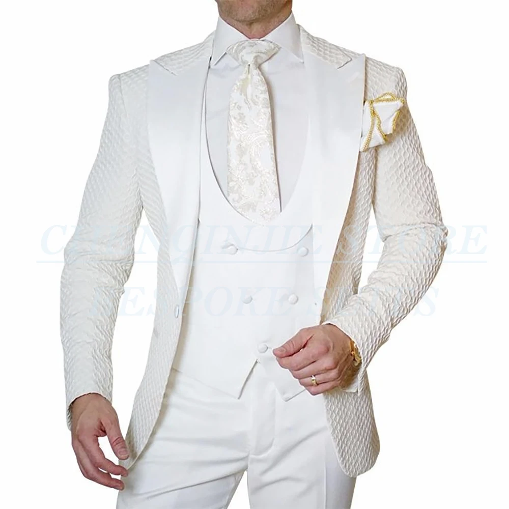 

SILIWEYA Elegant White Wedding Men's Suits 3 Piece Jacket Pants Vest Full Set Customzied One-Button Peak Lapel Slim Fit Outfits