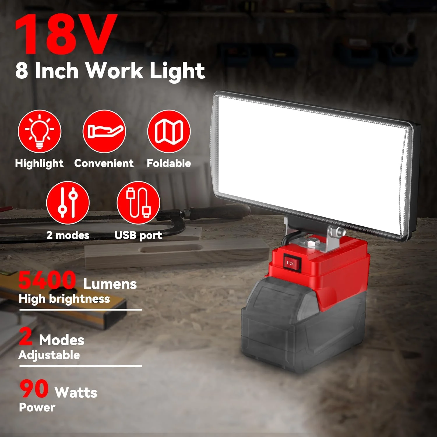 3/4/5/8in Cordless LED Work Light for Milwaukee M18 Battery Two Levels Adjustable FloodLight Workshop Camping Emergency Lighting