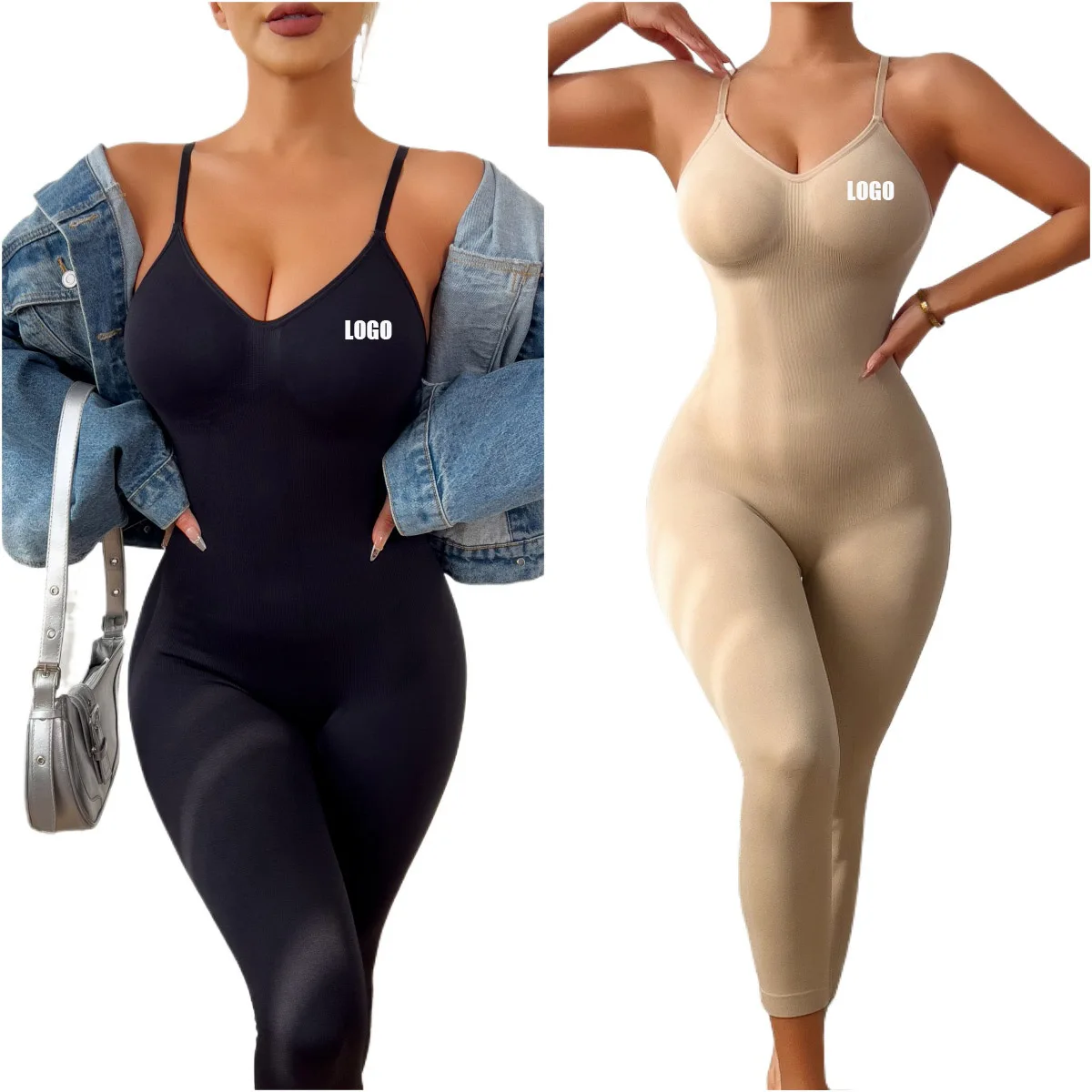 Customized LOGO women's shaping seamless belly plastic waist suspender tight eight-point jumpsuit